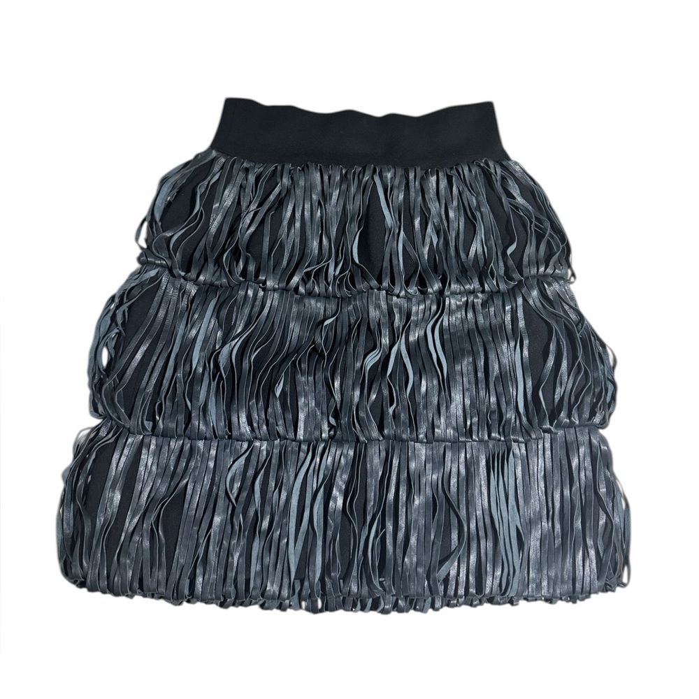 Kimberly Ovitz Black Leather Loop Tiered Mini Skirt 
6 Designer Fringe Skirt